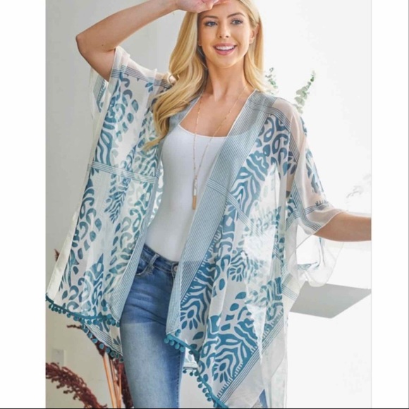 BOHO TEAL BLUE PRINT KIMONO/ COVER UP WITH POM POM DETAILING - Picture 4 of 10